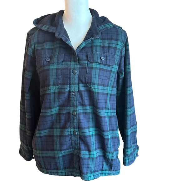 LL Bean Shacket Women's SP Blue Green Plaid Flannel Shirt Jacket Fleece Lined - Picture 1 of 11